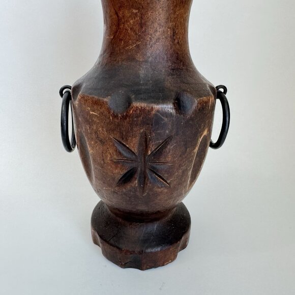 Vintage Carved Wood Vase Hand Turned Metal O Ring Handles Polynesian Tiki Style - Picture 3 of 9